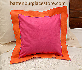 Pillow Sham. RASPBERRY SORBET with FLAME ORANGE border.12" SQ. - Click Image to Close
